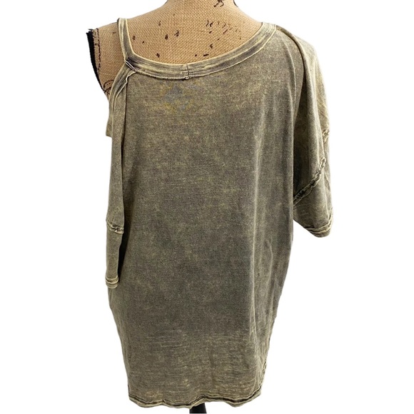 Free People We The Free Army Green Distressed Alex Split Shoulder Tee, Size Med. - Picture 7 of 14